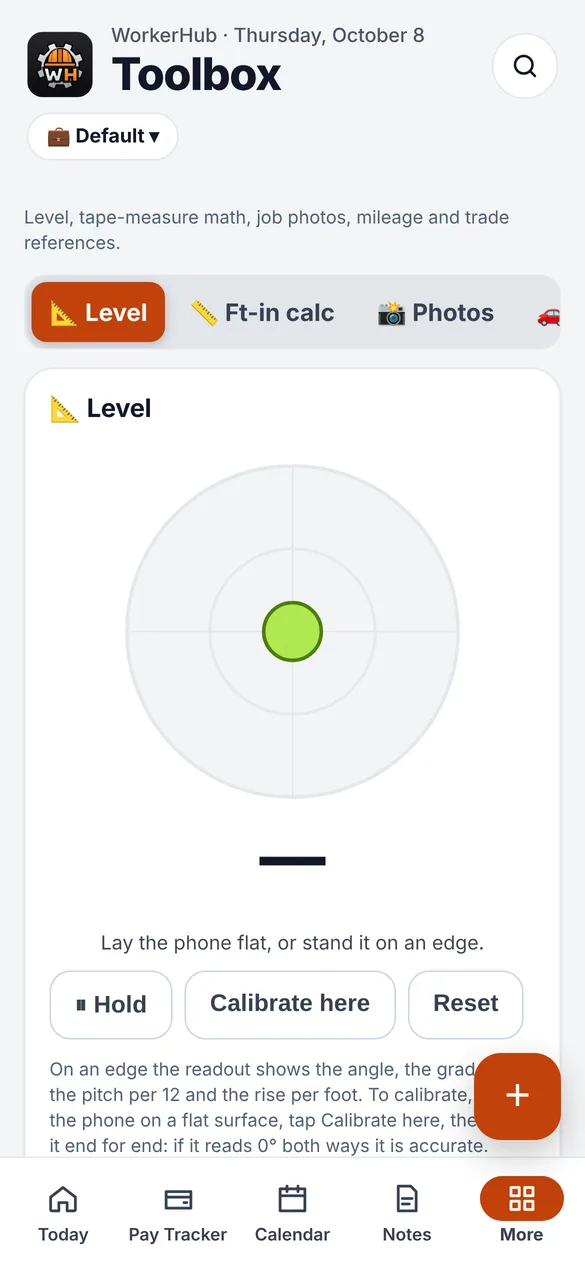 WorkerHub Toolbox with a level, feet-inch calculator and photo log